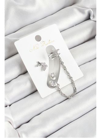 Pirinç Kelebek Figürlü Zirkon Taşlı Gümüş Renk 3'lü Kıkırdak Kadın Küpe Set