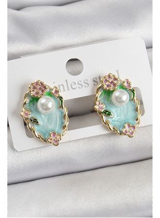 Pirinç Yeşil Mineli İnci Detaylı Sanatsal Portre Model Gold Renk Kadın Küpe