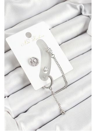 Pirinç Halka Figürlü Zirkon Taşlı Gümüş Renk 3'lü Kıkırdak Kadın Küpe Set