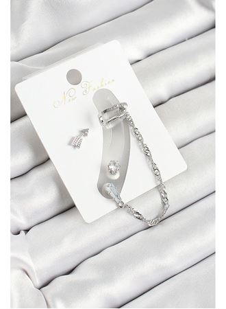 Pirinç Ok Figürlü Zirkon Taşlı Gümüş Renk 3'lü Kıkırdak Kadın Küpe Set
