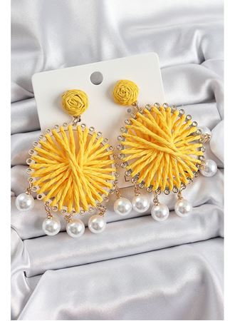 Sarı Hasır Örgü Sarmal Model Sallantılı İnci Detaylı Gold Renk Kadın Küpe