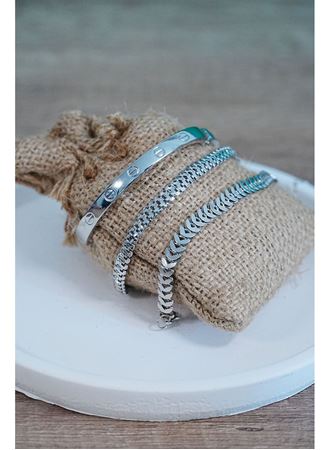 Kombin Bileklik Gümüş Kılçık Tırtıl ve Düz Cırt Model 3 Adet Birden