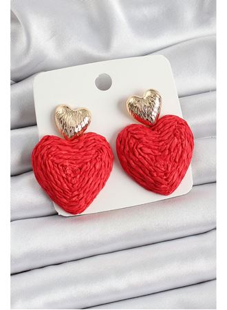 Kırmızı Kalp Figürlü Hasır Örgü Model Gold Renk Kadın Küpe