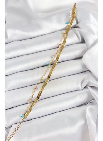 316L Çelik Gold Renk Karışık Renkli Kristal Taşlı 2'li Kadın Bileklik