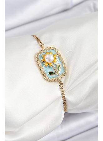 316L Çelik Zincir Turkuaz Mineli Sanatsal Portre İnci Detaylı Papatya Model Gold Renk Kadın Bileklik