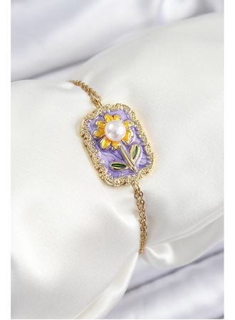 316L Çelik Zincir Mor Mineli Sanatsal Portre İnci Detaylı Papatya Model Gold Renk Kadın Bileklik