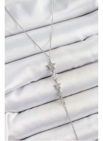 Pirinç Zirkon Taşlı Sıralı Yıldız Figürlü Y Model Gümüş Renk Kadın Kolye