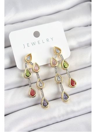 Pirinç Çoklu Damla Model Karşık Zirkon Taşlı Gold Ve Gümüş Renk Kadın Küpe