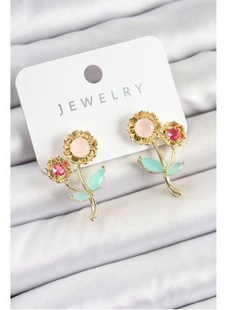 Pirinç Renkli Zirkon Taşlı Papatya Model Gold Renk Kadın Küpe