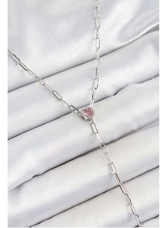 Pirinç Zirkon Taşlı Pembe Kalp Figürlü Y Model Gümüş Renk Kadın Kolye