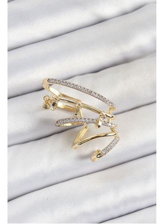 Pirinç Zirkon Taşlı Sıkıştırma Sağ Kıkırdak Gold Renk Kadın Küpe