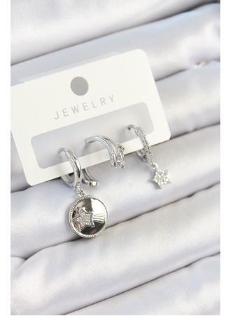 Pirinç Zirkon Taşlı Sallantılı Yıldız Model Gümüş Renk 3'lü Çift Kadın Küpe Set