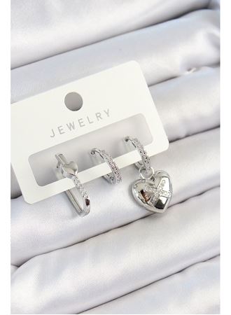 Pirinç Zirkon Taşlı Kalp Model Gümüş Renk 3'lü Çift Kadın Küpe Set