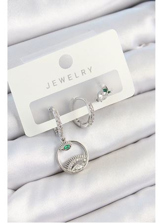 Pirinç Zirkon Taşlı Göz Ve Baykuş Model Gümüş Renk 3'lü Çift Kadın Küpe Set