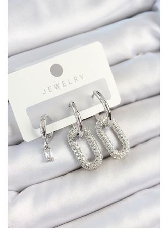 Pirinç Zirkon Taşlı Dikdörtgen Model Gümüş Renk 3'lü Çift Kadın Küpe Set