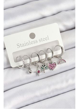 Pirinç Zirkon Taşlı Karpuz Yonca Kalp Pusula Karışık Model Gümüş Renk 6'lı Set Kadın Küpe