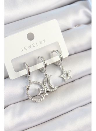 Pirinç Zirkon Taşlı Ay Ve Yıldız Model Gümüş Renk 3'lü Çift Kadın Küpe Set