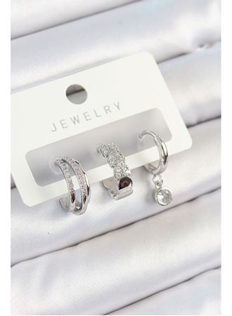 Pirinç Zirkon Taşlı Halka Model Gümüş Renk 3'lü Çift Kadın Küpe Set
