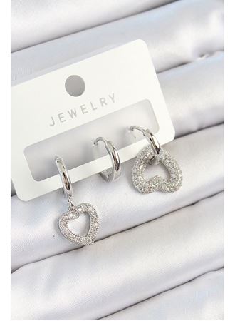 Pirinç Zirkon Taşlı Kalp Model Gümüş Renk 3'lü Çift Kadın Küpe Set