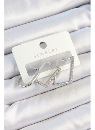 Pirinç Zirkon Taşlı Dikdörtgen Model Gümüş Renk 3'lü Çift Kadın Küpe Set