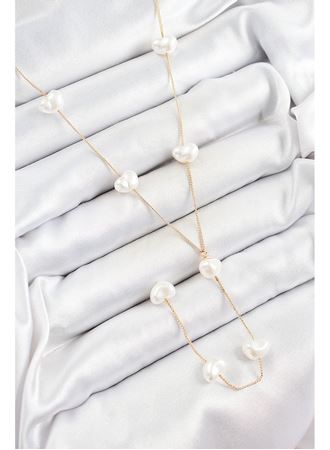 Pirinç İncili Kalp Figürlü Y Model Gold Renk Kadın Kolye