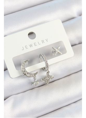 Pirinç Zirkon Taşlı Çiçek Ve Ay Model Gümüş Renk 3'lü Çift Kadın Küpe Set