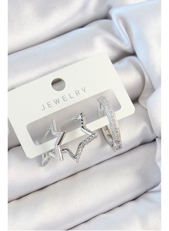 Pirinç Zirkon Taşlı Yıldız Ve Halka Model Gümüş Renk 3'lü Çift Kadın Küpe Set