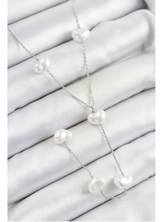 Pirinç İncili Kalp Figürlü Y Model Gümüş Renk Kadın Kolye