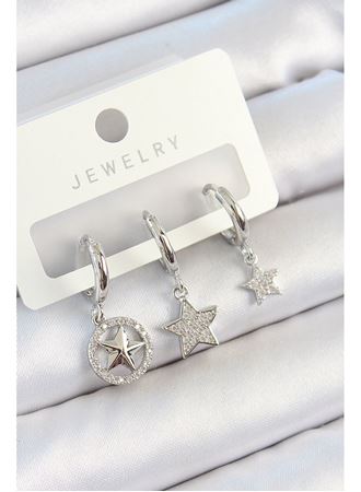 Pirinç Zirkon Taşlı Yıldız Model Gümüş Renk 3'lü Çift Kadın Küpe Set