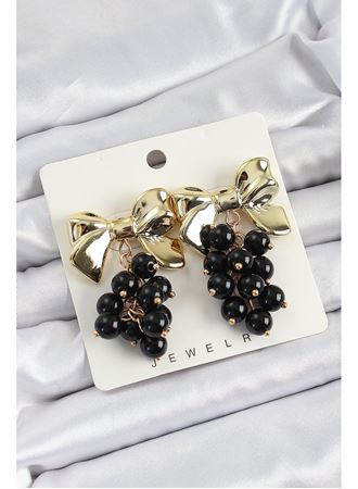 Pirinç Sallantılı Siyah Boncuklu Fiyonk Vintage Model Gold Renk Kadın Küpe