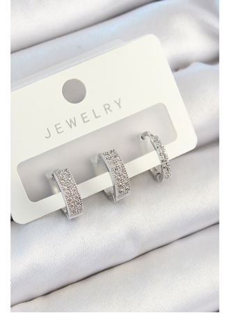 Pirinç Zirkon Taşlı Halka Model Gümüş Renk 3'lü Çift Kadın Küpe Set