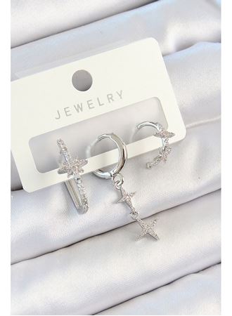 Pirinç Zirkon Taşlı Kelebek Ve Sallantılı Yıldız Model Gümüş Renk 3'lü Çift Kadın Küpe Set