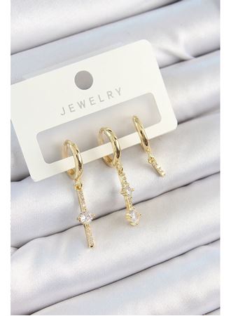 Pirinç Zirkon Taşlı Sallantılı Model Gold Renk 3'lü Çift Kadın Küpe Set