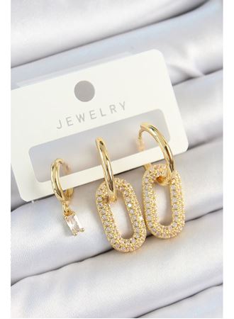 Pirinç Zirkon Taşlı Dikdörtgen Model Gold Renk 3'lü Çift Kadın Küpe Set