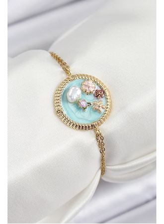 316L Çelik Zincir Turkuaz Mineli Sanatsal Portre İnci Detaylı Çiçek Model Gold Renk Kadın Bileklik