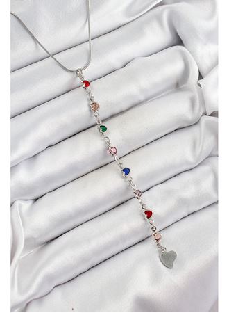 Pirinç Gümüş Renk Karışık Renk Zirkon Taşlı Kalpli Y Kadın Kolye