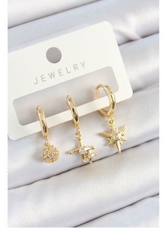 Pirinç Zirkon Taşlı Yıldız Model Gold Renk 3'lü Çift Kadın Küpe Set