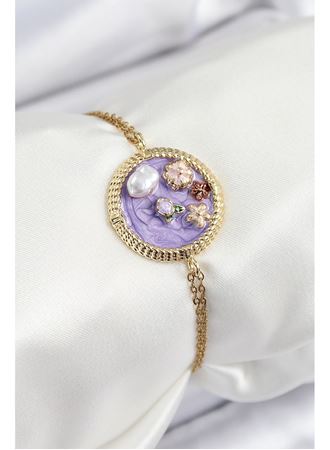 316L Çelik Zincir Mor Mineli Sanatsal Portre İnci Detaylı Çiçek Model Gold Renk Kadın Bileklik