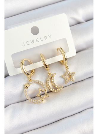 Pirinç Zirkon Taşlı Yıldız Ve Ay Model Gold Renk 3'lü Kadın Küpe Set