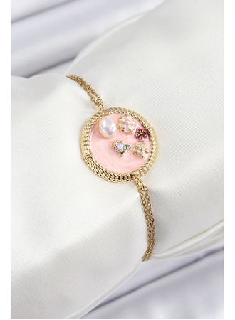 316L Çelik Zincir Pembe Mineli Sanatsal Portre İnci Detaylı Çiçek Model Gold Renk Kadın Bileklik