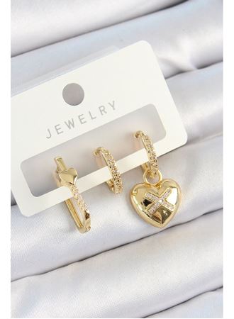 Pirinç Zirkon Taşlı Kalp Model Gold Renk 3'lü Çift Kadın Küpe Set