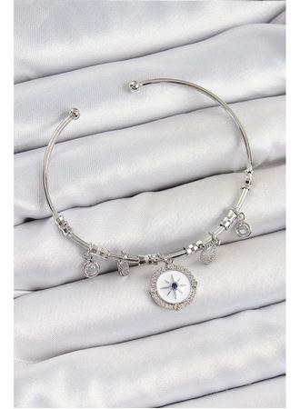 Pirinç Zirkon Taşlı Pusula Model Gümüş Renk Charm Bileklik