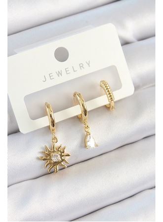 Pirinç Zirkon Taşlı Güneş Model Gold Renk 3'lü Çift Kadın Küpe Set