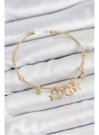 Pirinç Zirkon Taşlı Kelebek Ve Yıldız Model Gold Renk Charm Bileklik