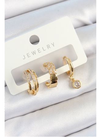 Pirinç Zirkon Taşlı Halka Model Gold Renk 3'lü Çift Kadın Küpe Set