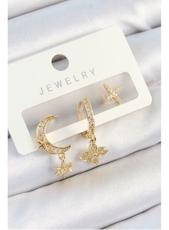 Pirinç Zirkon Taşlı Çiçek Ve Ay Model Gold Renk 3'lü Çift Kadın Küpe Set