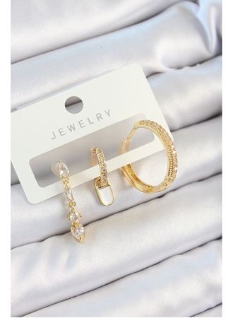 Pirinç Zirkon Taşlı Sallantılı Model Gold Renk 3'lü Çift Kadın Küpe Set