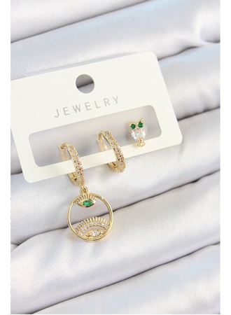 Pirinç Zirkon Taşlı Göz Ve Baykuş Model Gold Renk 3'lü Çift Kadın Küpe Set