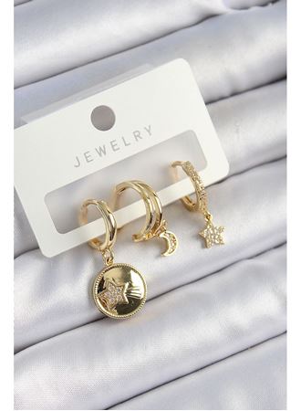 Pirinç Zirkon Taşlı Yıldız Ve Ay Model Gold Renk 3'lü Çift Kadın Küpe Set