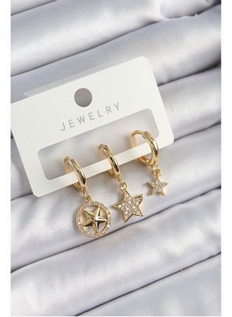Pirinç Zirkon Taşlı Yıldız Model Gold Renk 3'lü Çift Kadın Küpe Set